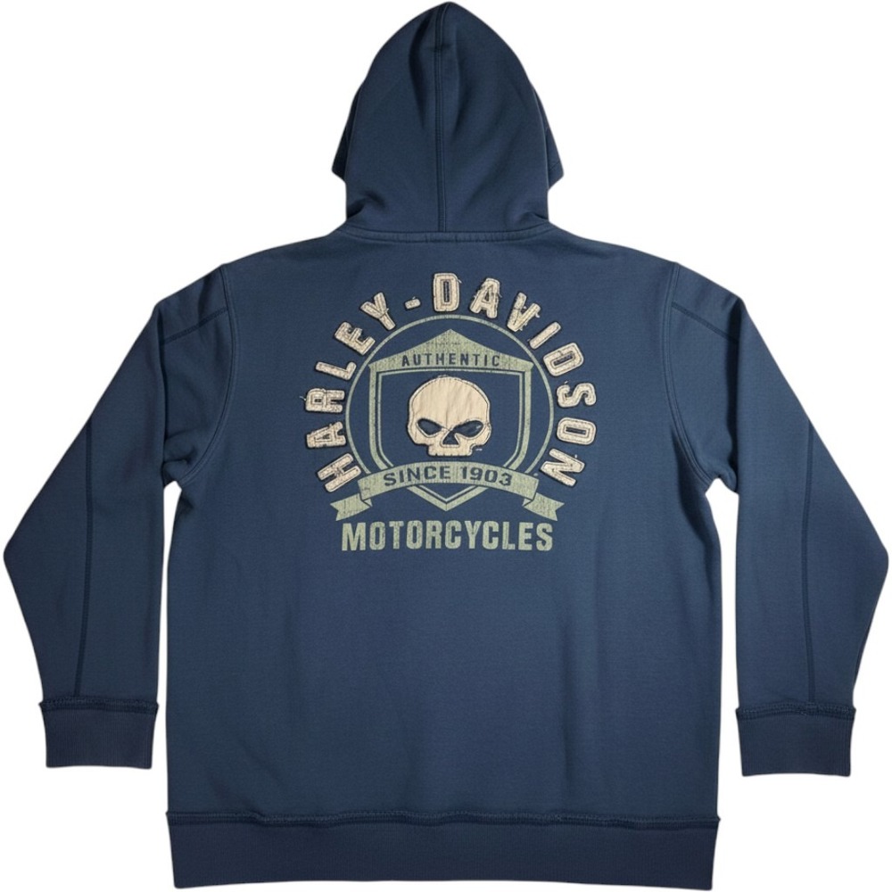 Harley Davidson Willie G Skull Full Zip Hoodie Mens 2XL Blue Distressed